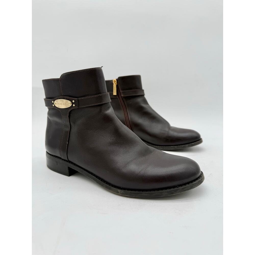 Michael Kors Finley Brown Leather Ankle Boots Gold Logo Strap Side Zip Size 8.5